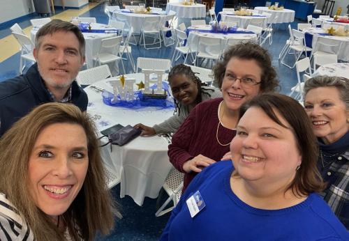Aaron, Stephanie, Cynthia, Kay and Melissa & Jo decorate for Star Student Banquet.jpeg